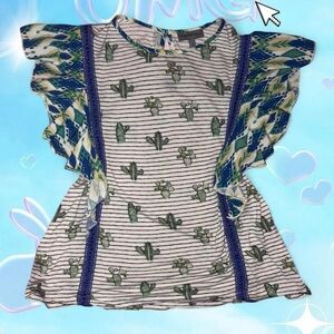 vtg y2k conditions apply western aop flutter sleeve tee w ribbon lacing, sz sm